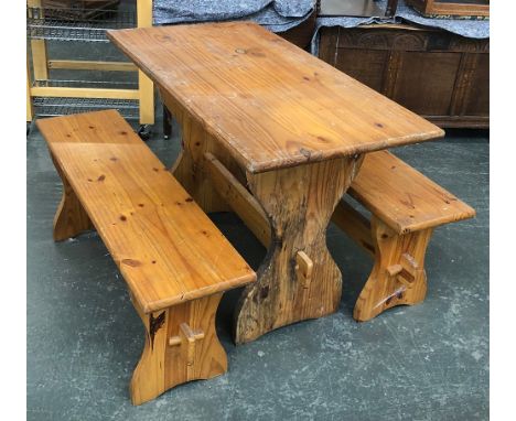 A small pine kitchen table on refectory style base, with two matching benches, 113x61x76cmH, each bench 113x31x45cmH 