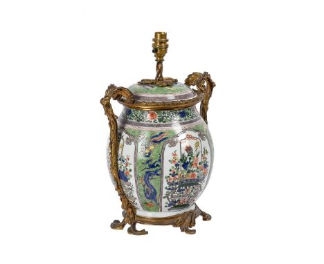 A late 19th/early 20th century famille verte vase and cover of Samson type, with gilt metal mounts, converted to a lamp 39cm 