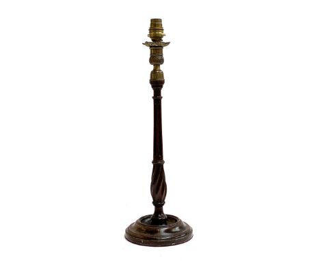 A turned and fluted Victorian mahogany candlestick, converted for electrical use, 46cm high 