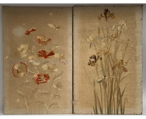 Interior design interest: A pair of antique floral silk panel embroideries, one depicting poppies, the other irises, each app