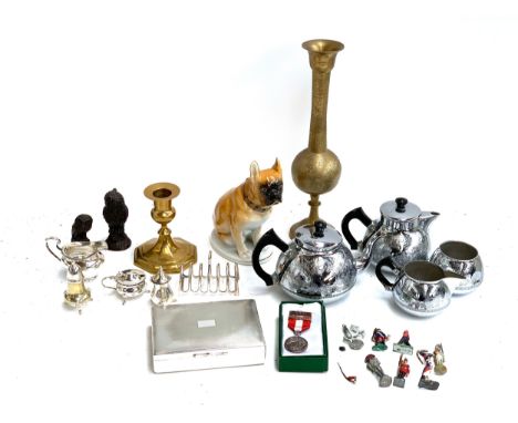 A mixed lot to include Aristocrat engine turned plated cigar box; USSR ceramic bulldog; Eastern brass vase; plated part tea s
