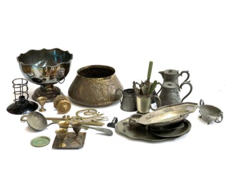 A mixed lot of plated and other metal items, to include a four piece teaset inscribed 'St Chad, 1928'; Alexander Company arts