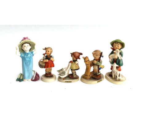 Four Goebel Hummel figurines, Goose Girl, Prayer before Battle, Little Shopper, Shepherds Boy; together with a Royal Doulton 