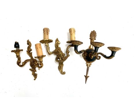 A gilt metal three fitting wall sconce, various light fittings etc 