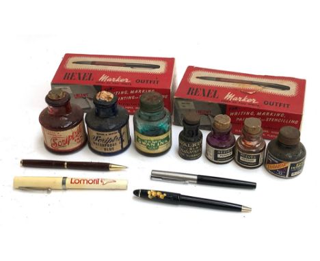 A quantity of vintage ink pots and pens to include Swan, Rexel, Parker, Sheaffer etc 
