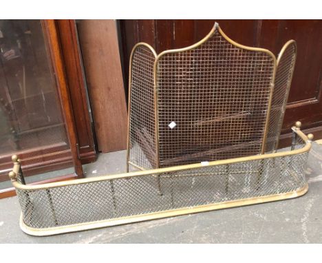 A brass and wire fender, 111cmW; together with a three fold fire screen, 65cmH 