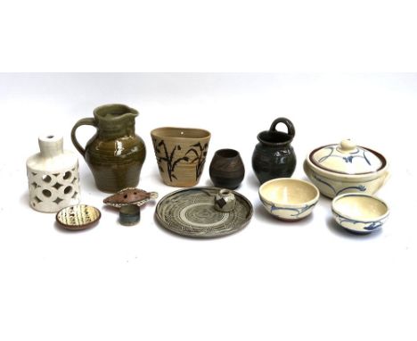 A large box of studio pottery to include Leach St Ives, Warwick Parker, slipware dish, etc 