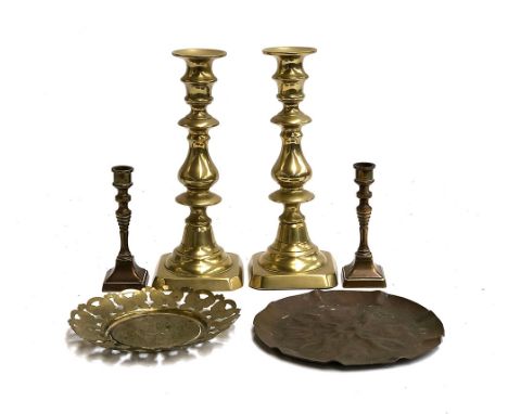 A pair of 18th century style brass ejector candlesticks, 23.5cmH; together with a small pair of candlestick holders; Arts and