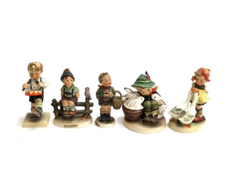Five Goebel Hummel figurines, Little Drummer, Wayside Harmony, Goose Girl, Village Harmony and Playmates (4)