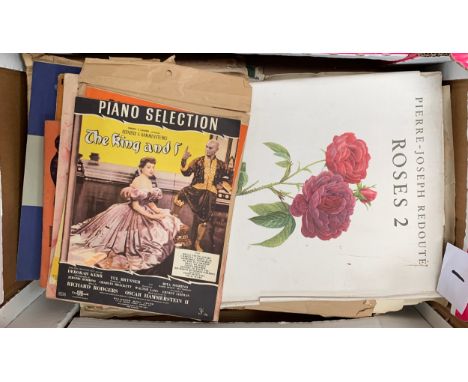 A mixed box of vintage Rose prints, sheet music, and knitting patterns