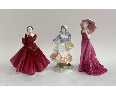 Three porcelain figures: Coalport; Royal Worcester 'Rosie Picking Apples', 20cmH; and Coalport Jacqui no.9, 23cmH 