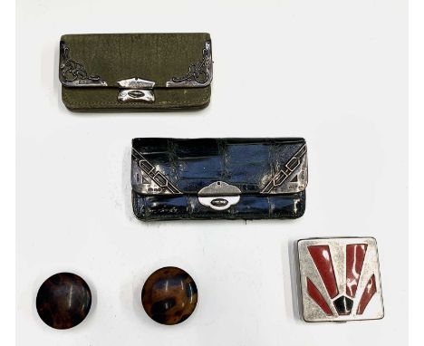 Two silver-mounted purses, an Art Deco compact and two tortoiseshell rouge potsCondition report: The green purse is in very g