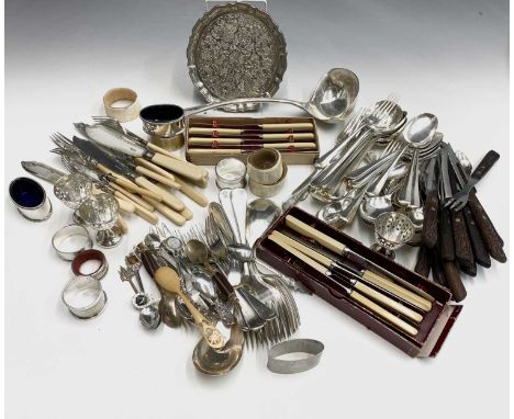 An EPNS Hanovarian Rat Tail pattern punch ladle and a part suite of matching cutlery, etc.
