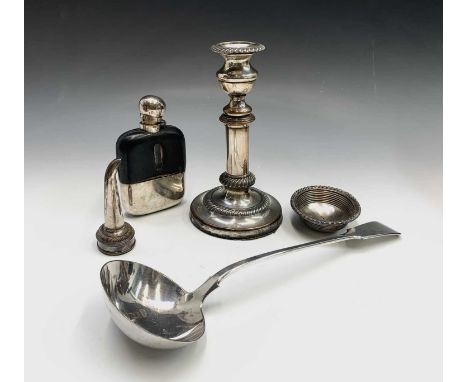 A Sheffield plated telescopic candlestick, a spirit flask, wine funnel and a soup ladle