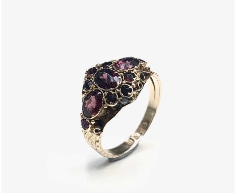 A late Victorian 15ct gold ring set in 18th-century style with amethysts and garnets