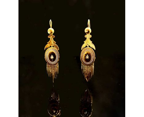 A pair of 19th century Roman Revival gold, enamel and pearl earrings each with a graduated fringe Maximum height 60mmConditio