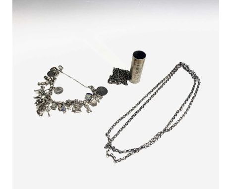 A silver-coloured charm bracelet, silver lighter holder and chain and one other chain 118gm