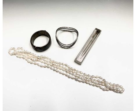 Two silver bangles90gm a pearl necklace and earrings together with an engine-turned silver propelling pencil as new with box