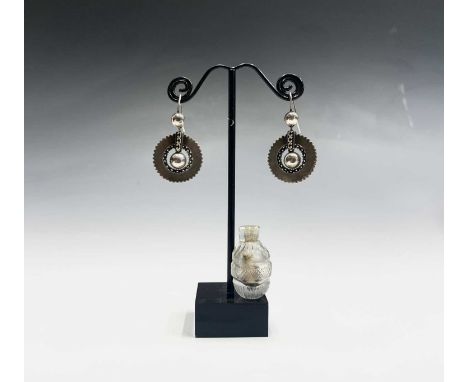A pair of Victorian silver revivalist earrings and a Georgian cut glass scent bottleCondition report: Total length from hook 