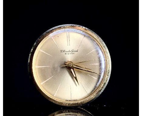 A Swiss miniature red enamel and gilt decorated musical alarm timepiece by Bueche Girod. Signed on the dial 3 cm diameter Lac