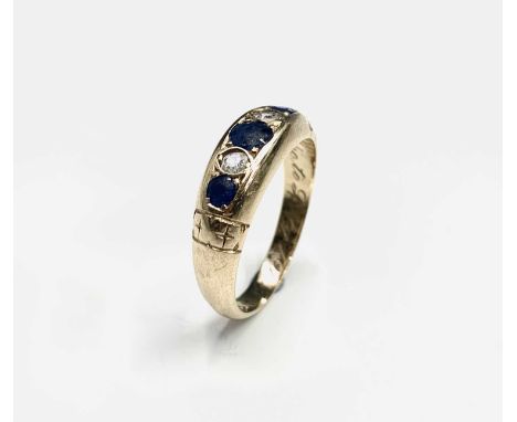 An 18ct Victorian style ring set two sapphires and two diamonds Chester 1913.Approx size: P1/2- Q leading edge