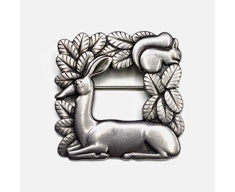 A Jensen square silver faun and squirrel brooch designed by Arno Malinowski for Georg Jensen, no.318 hallmarked London 1989 2