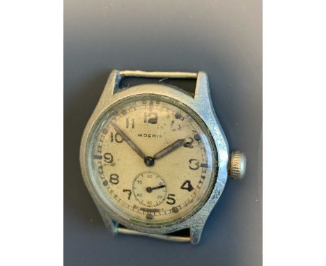 A nickel plated Military wristwatch by Moeris, signed dial with Arabic numerals and seconds subsidiary dial, 15 jewel 101/2 m