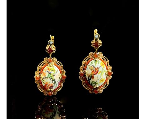 A pair of Italian miniature handpainted earrings with hummingbirdsCondition report: They move freely on the main suspension r