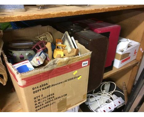 A shelf of assorted records, china etc.