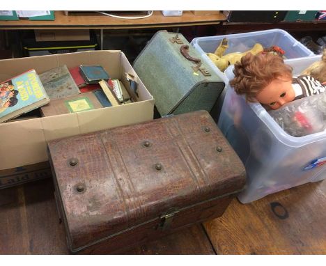 Two boxes of dolls, teddies, a metal trunk, box of books and an accordion