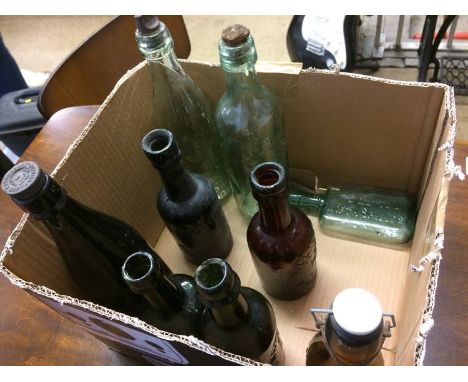 Nine glass advertising bottles to include, 'Waters and Robson' Morpeth, 'W. A. Wilkinson' North Shields (x5), 'Old Loo' North