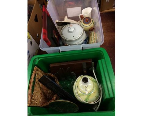 Two boxes including blue and white plates, teapot etc.