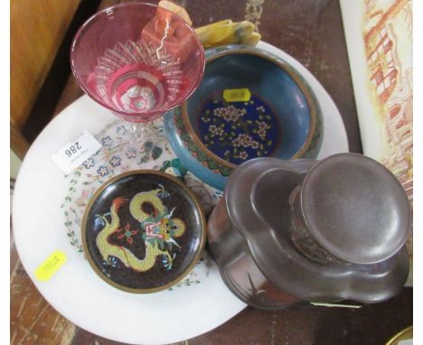 An Oriental pottery tea caddy, together with two cloisonne dishes, hardstone seal and hardstone grasshopper.