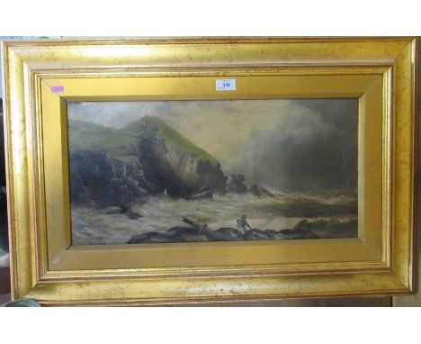 J Jebson, oil on canvas, seascape with crashing waves, 11.5ins x 23.5ins, together with another oil on canvas, view of sea wi