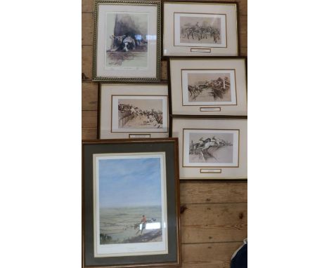 Denis Aldridge, limited edition colour print, Into the Belvoir Vale, 16ins x 11.5ins, together with four Cecil Aldin racing p