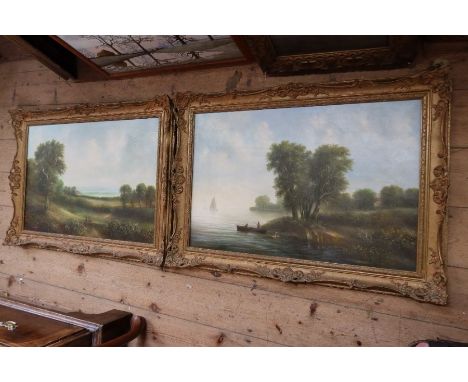 R Witchard, two oil on canvases, landscape with figures and view across water with figures in a boat, 18ins x 29ins