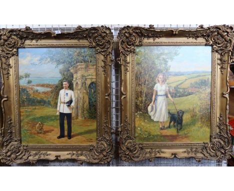 Nick Upton, two oil on canvas, portrait of a military man in landscape with monkey and a woman with dog in landscape, 29ins x