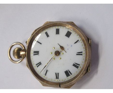 A 9ct gold cased ladies fob watch with enamel decoration, total weight 16.2g