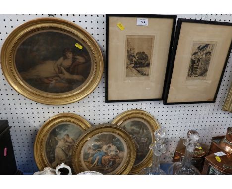 Four Antique colour prints, together with two other prints