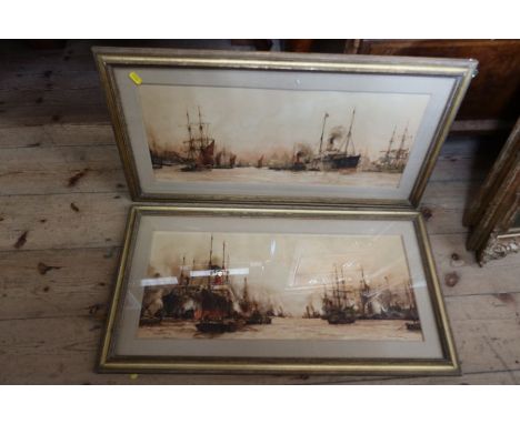 Charles Dixon, two prints, Above Greenwich and The Lower Pool, shipping scenes, 10ins x 24ins