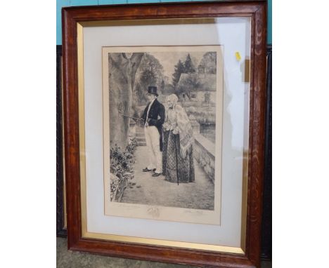 After W Denby Sadler, black and white print, a couple in a garden, 23ind x 15ins, together with Joseph Farquharson, black and