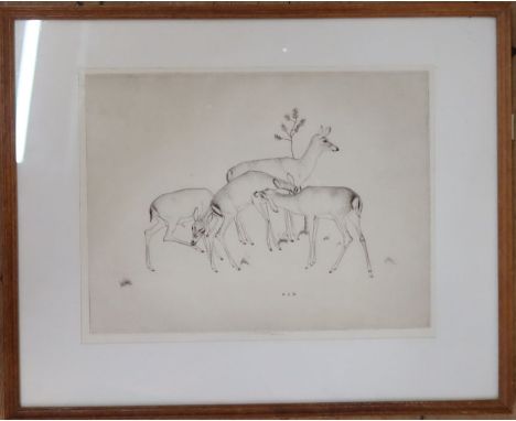 Robert Sargent Austin RA, black and white etching, four deer, 9.25ins x 12ins