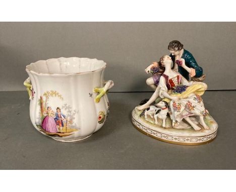 Two items of porcelain in the manner of Dresden, a small hand painted planter and a figure of a lady and a gentleman courting