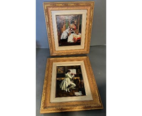 Two framed paintings of two fashionable dressed ladies and a gentleman playing the flute signed R Lowe