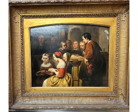 A 19th Century oil on panel in gilt frame depicting a woman in red hat at prayer surrounded by others. (45cm x 37cm unframed 