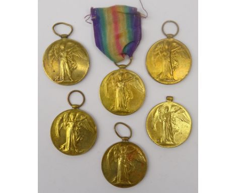 Six WWI Victory medals, one with ribbon to: 50644 PTE. W. PINDER W.YORK. R, 8166 PTE. G.HOWARTH MANCH.R, 37317 PTE. J.A.WALMS