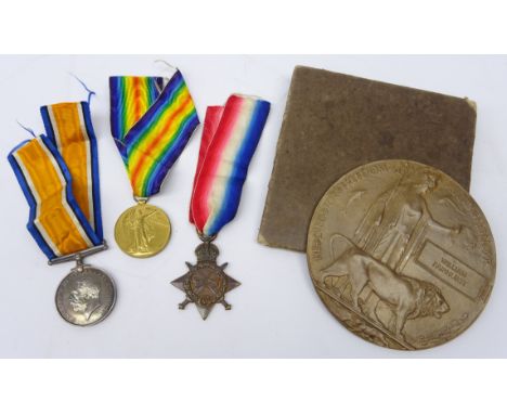 WWI casualty medal trio and remembrance plaque awarded to '6854. SPR. W. FAIRHURST. R. E.'  Condition Report Click here for f