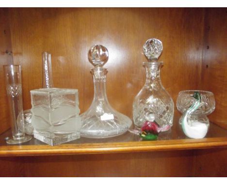 Shelf of glass ware to include 2 decanters