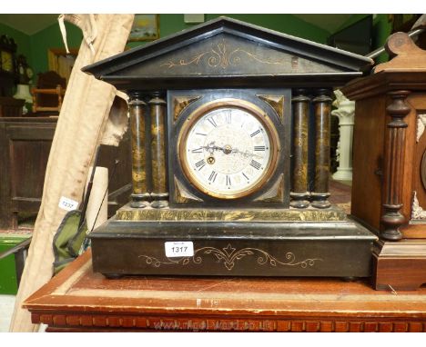 A stained Pine black marble effect Mantle Clock, 15'' wide x 14'' tall. (no key).  