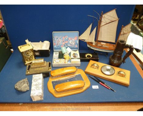 A quantity of miscellanea including hall mirror with clothes brush, carriage clock a/f, model boat, Stratton desk set, perfum